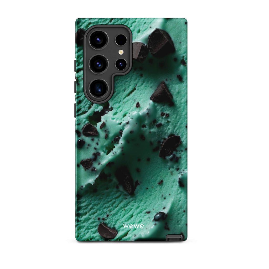 Custom samsung galaxy s24 ultra Phone case with a close-up, macro photo of a textured, light green mint ice cream with dark chocolate chips.