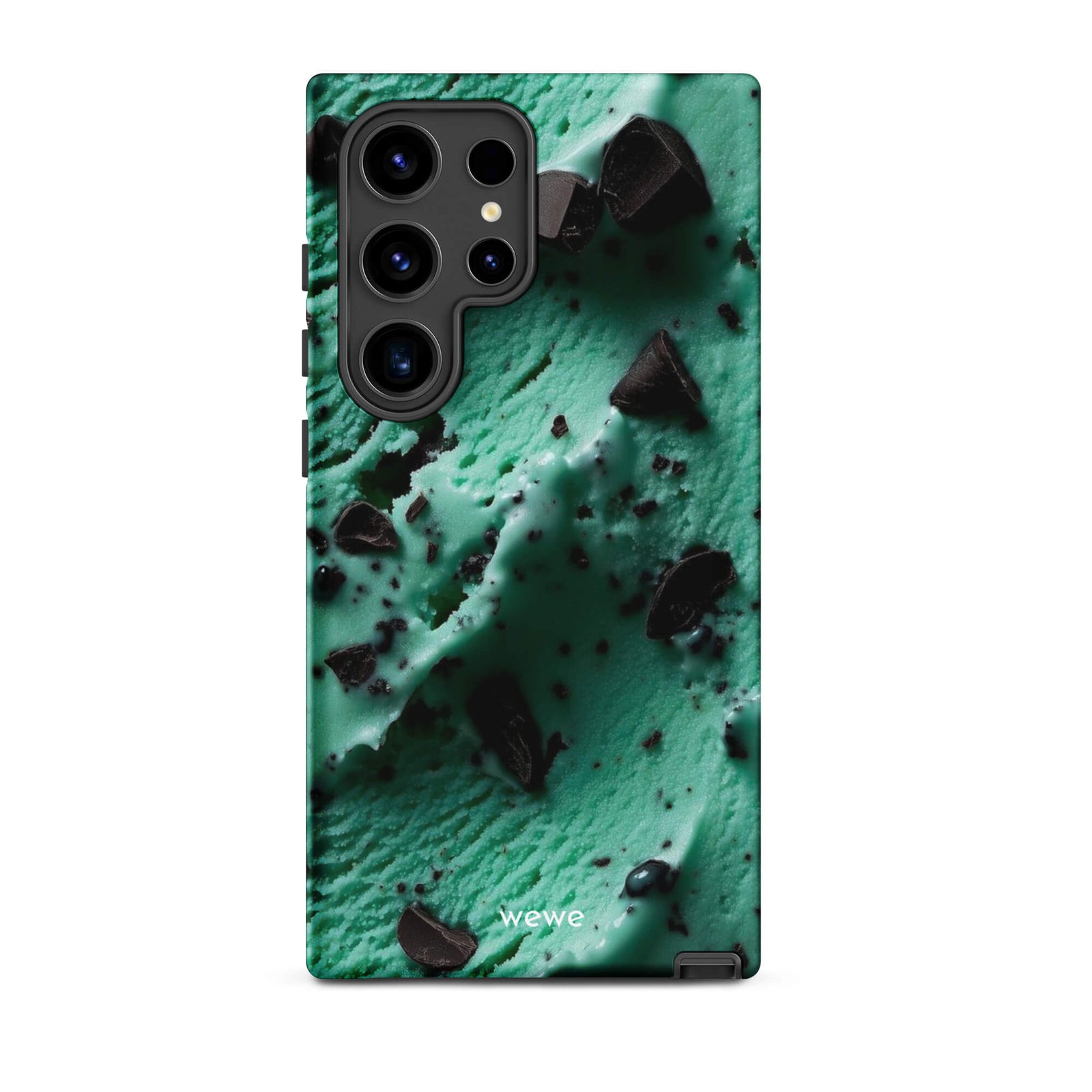 Custom samsung galaxy s24 ultra Phone case with a close-up, macro photo of a textured, light green mint ice cream with dark chocolate chips.