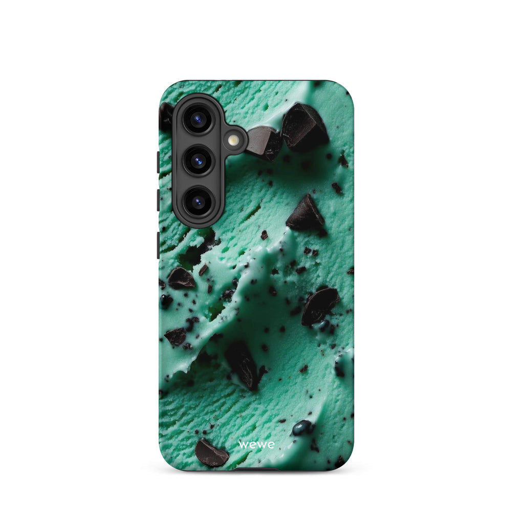 Custom samsung galaxy s24 Phone case with a close-up, macro photo of a textured, light green mint ice cream with dark chocolate chips.