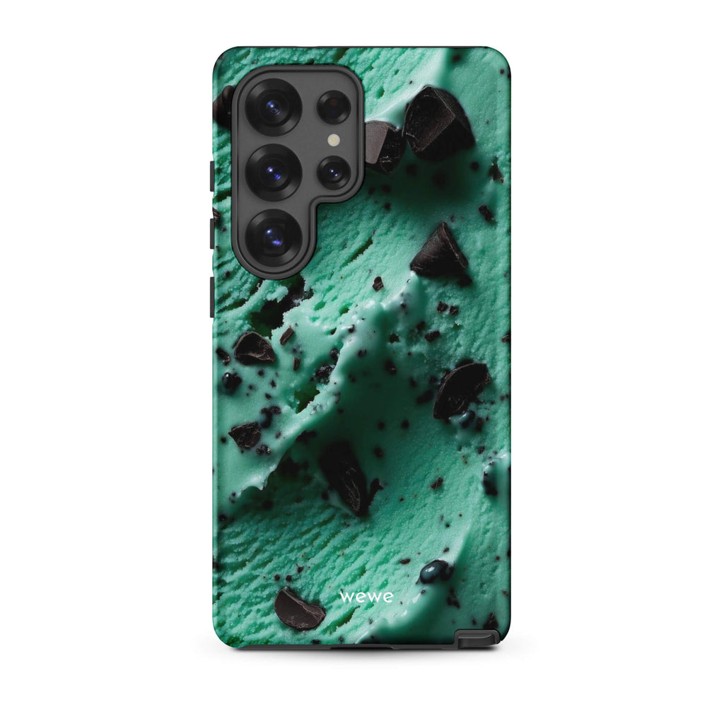 Custom samsung galaxy s25 ultra Phone case with a close-up, macro photo of a textured, light green mint ice cream with dark chocolate chips.