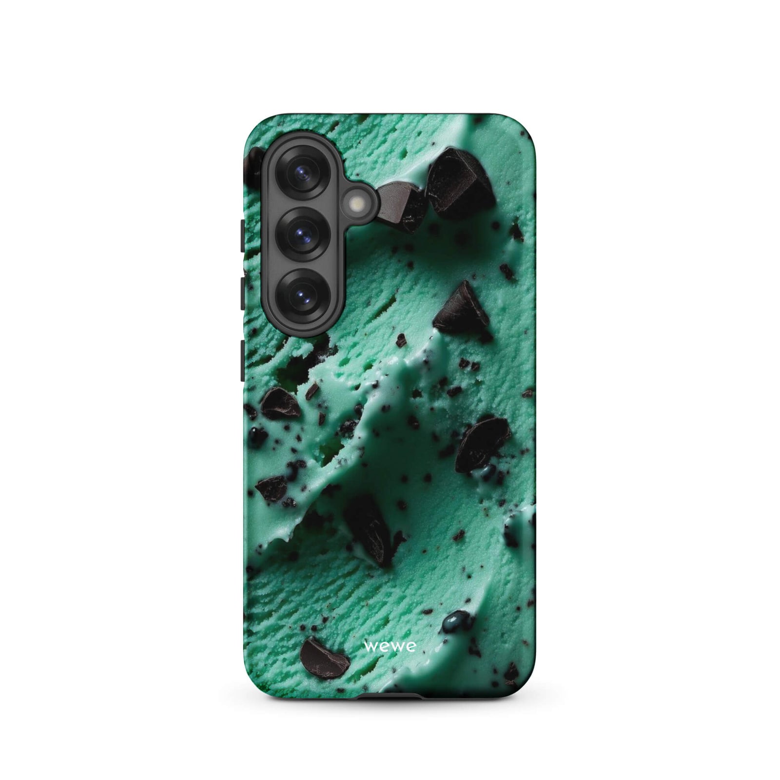 Custom samsung galaxy s25 Phone case with a close-up, macro photo of a textured, light green mint ice cream with dark chocolate chips.