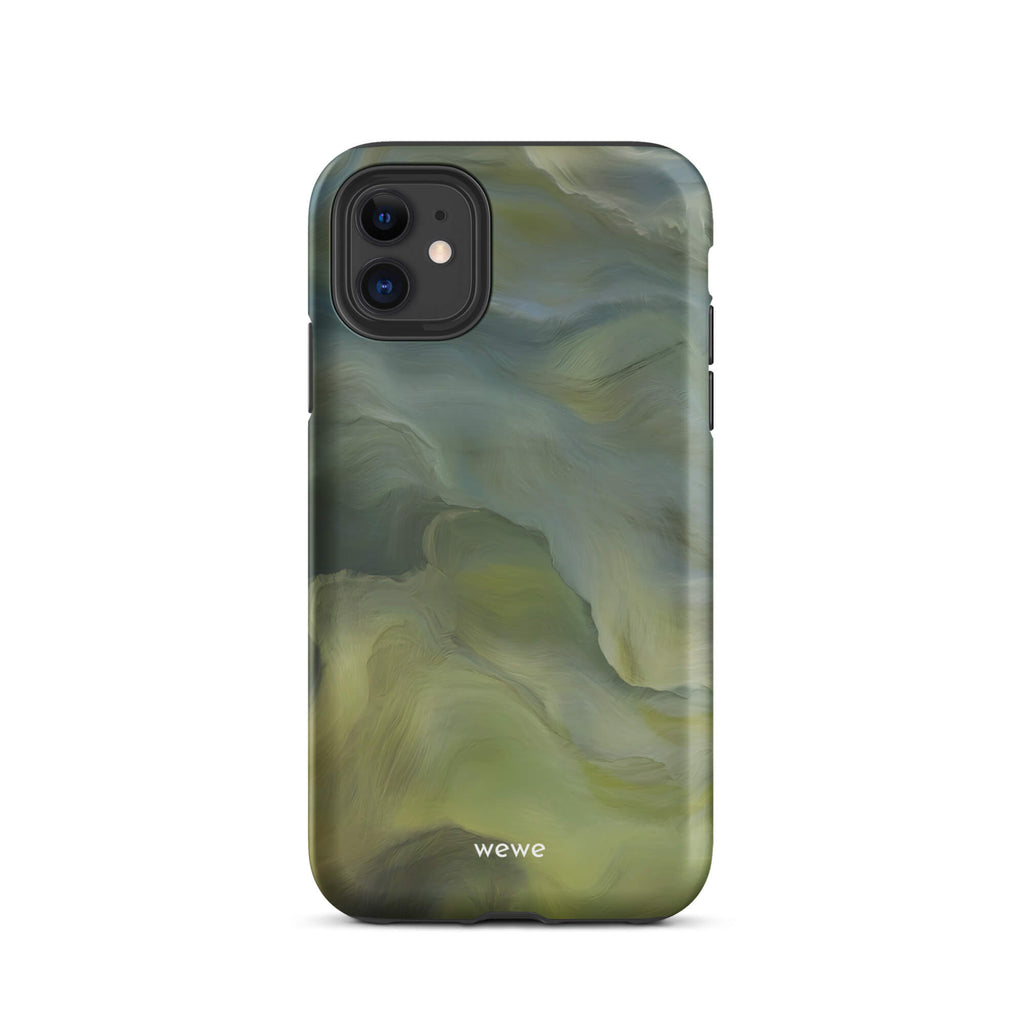 Custom iPhone case 11 with a close-up, macro photo of a textured, light mint green frothy substance, resembling sherbet or ice cream.