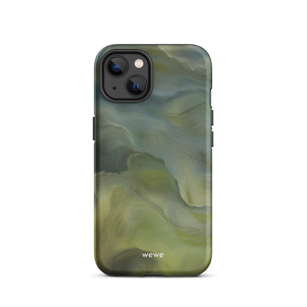 Custom iPhone case 13 with a close-up, macro photo of a textured, light mint green frothy substance, resembling sherbet or ice cream.