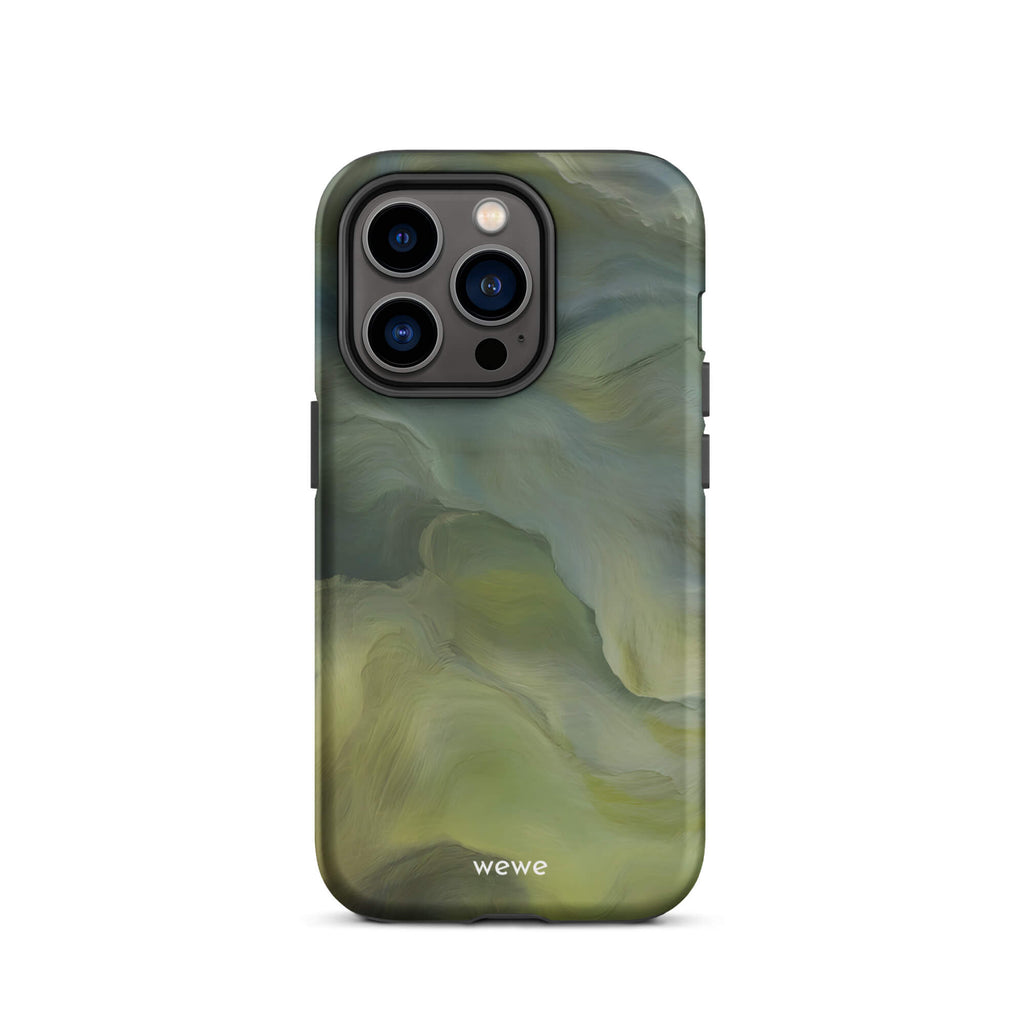 Custom iPhone case 14 pro with a close-up, macro photo of a textured, light mint green frothy substance, resembling sherbet or ice cream.