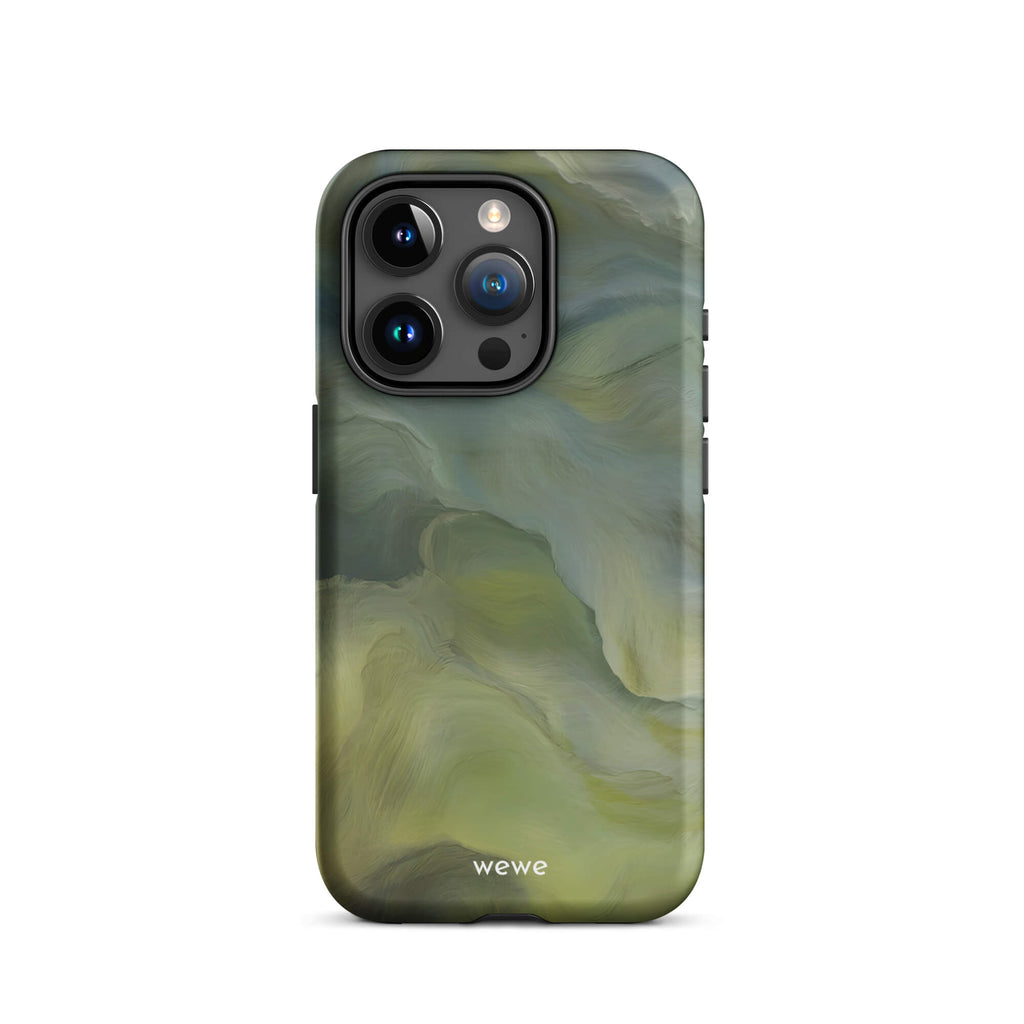 Custom iPhone case 15 pro with a close-up, macro photo of a textured, light mint green frothy substance, resembling sherbet or ice cream.