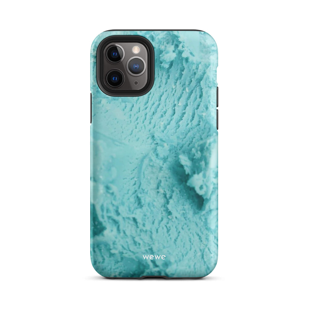 Custom iPhone case 11 pro with a  close-up, macro photo of a mint green, frothy texture, resembling ice cream or foam.