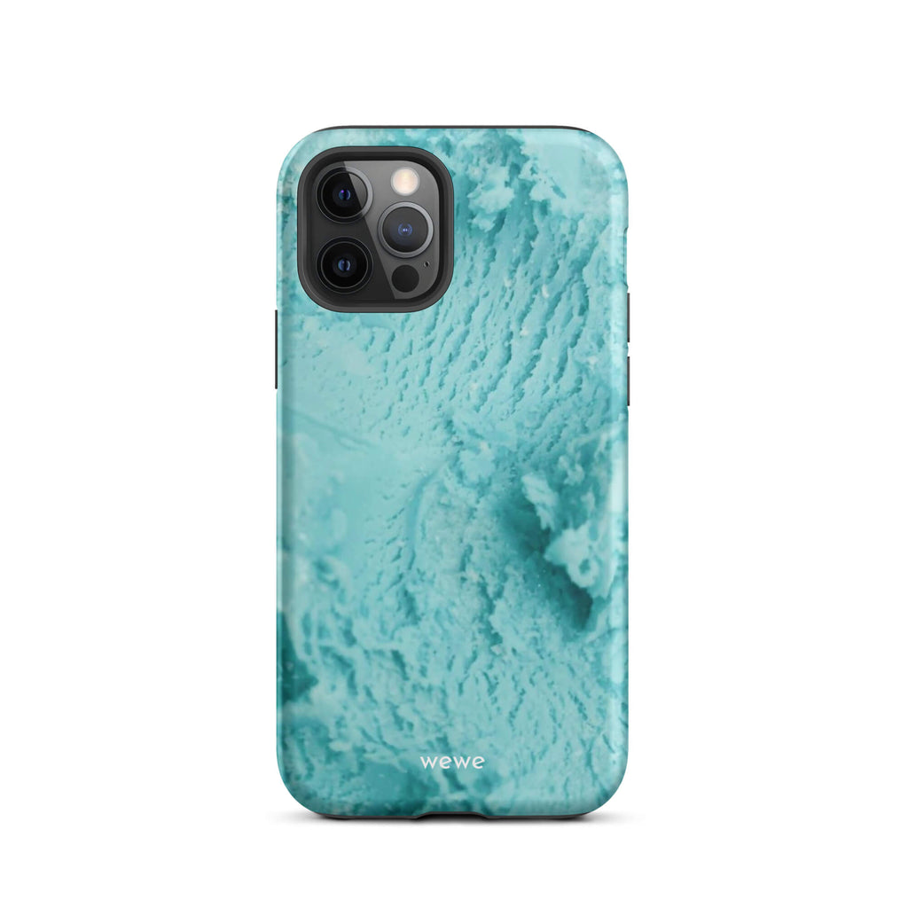 Custom iPhone case 12 pro with a  close-up, macro photo of a mint green, frothy texture, resembling ice cream or foam.