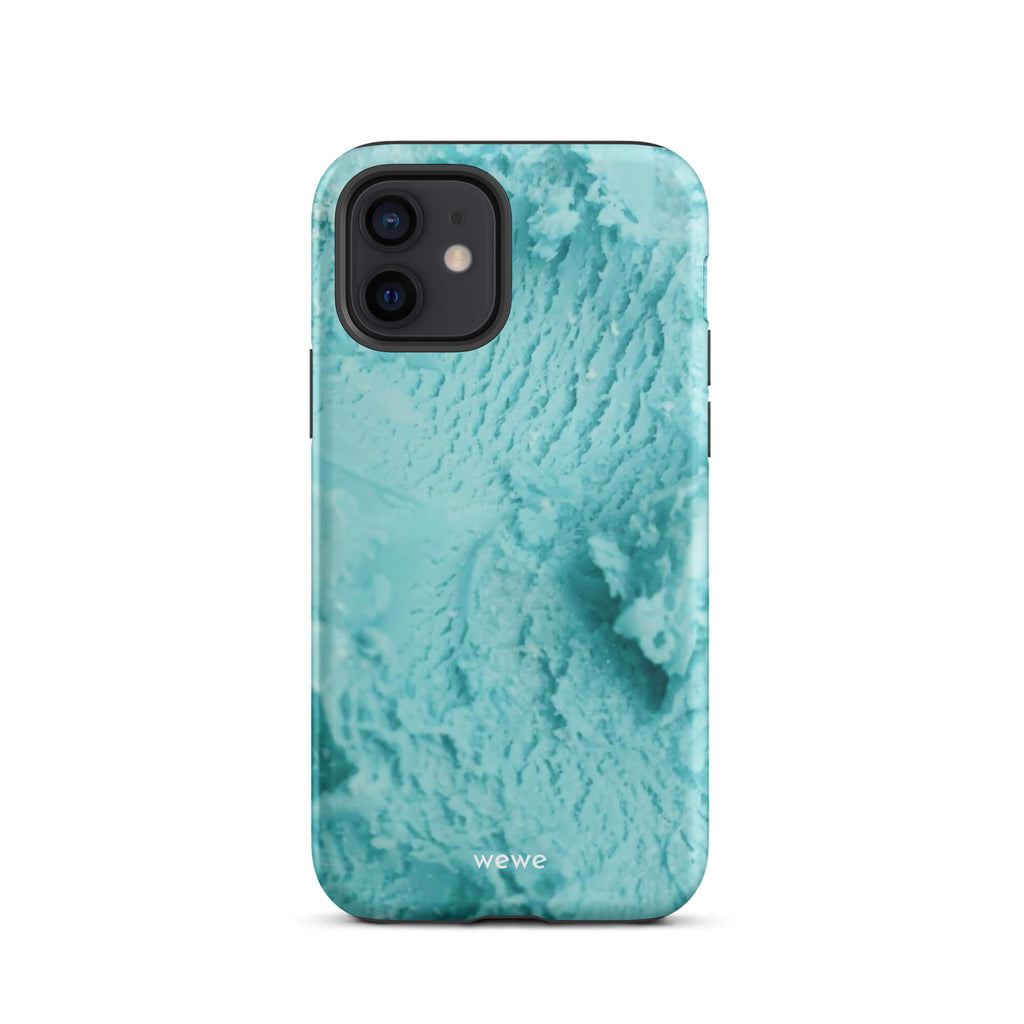 Custom iPhone case 12 with a  close-up, macro photo of a mint green, frothy texture, resembling ice cream or foam.