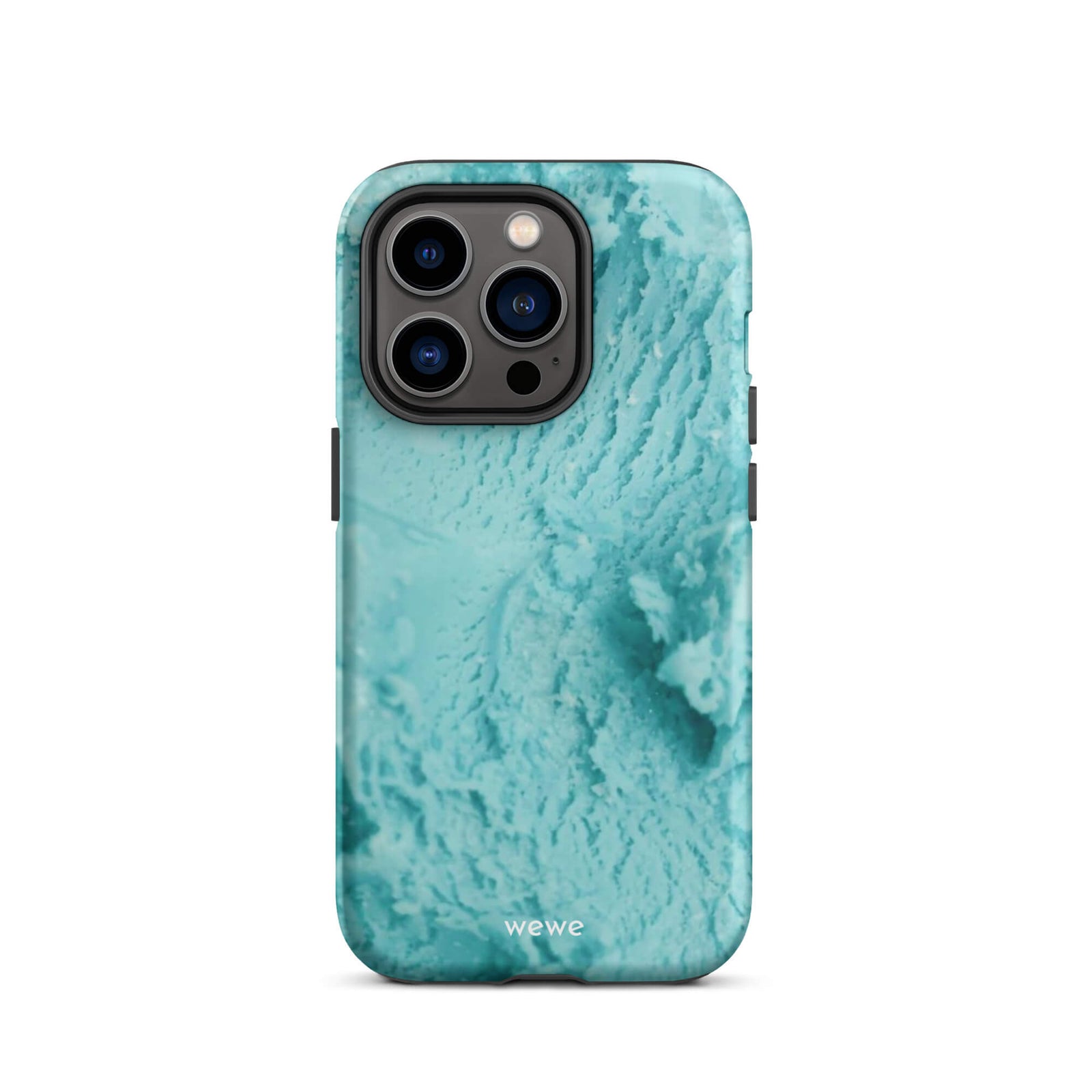 Custom iPhone case 14 pro with a  close-up, macro photo of a mint green, frothy texture, resembling ice cream or foam.