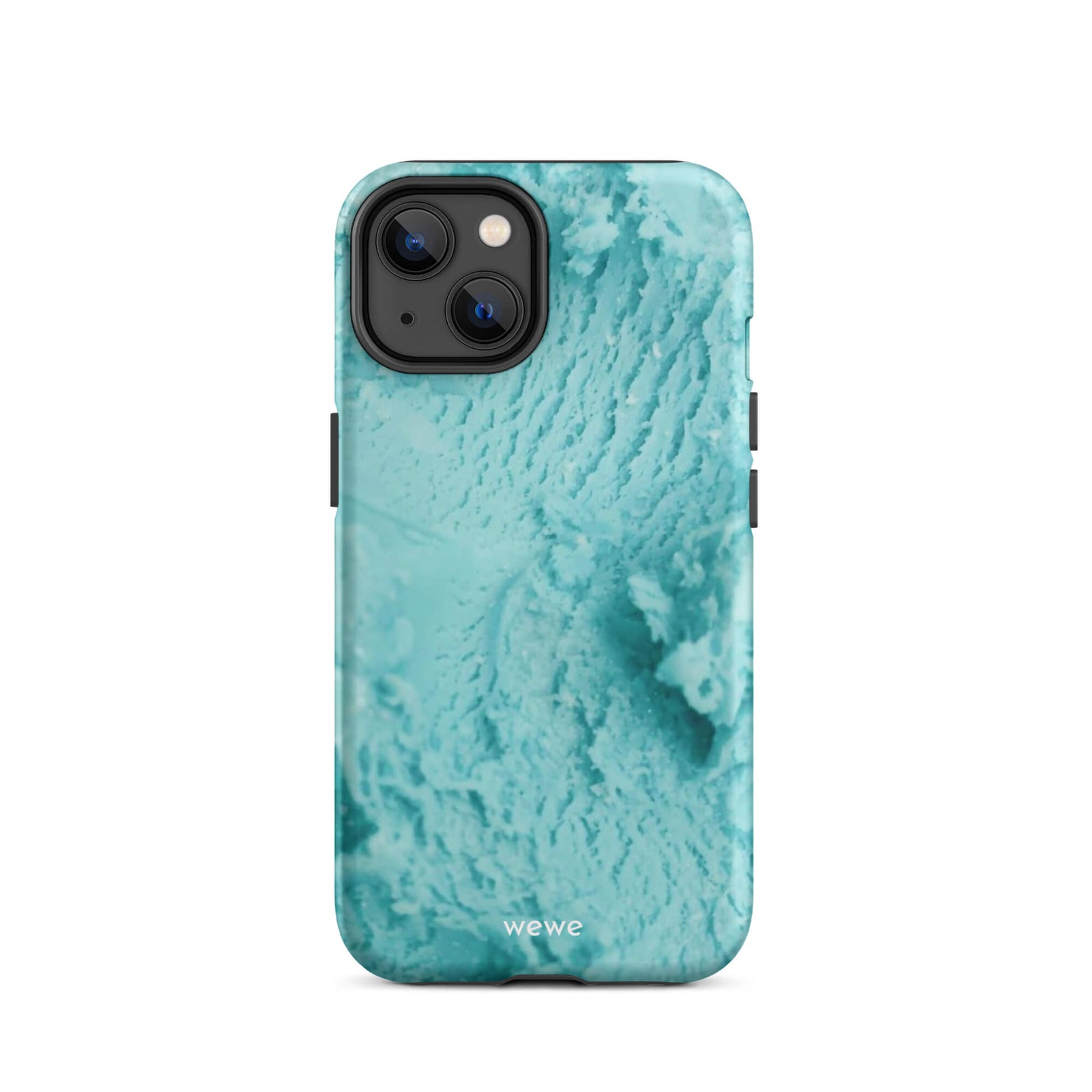Custom iPhone case 14 with a  close-up, macro photo of a mint green, frothy texture, resembling ice cream or foam.