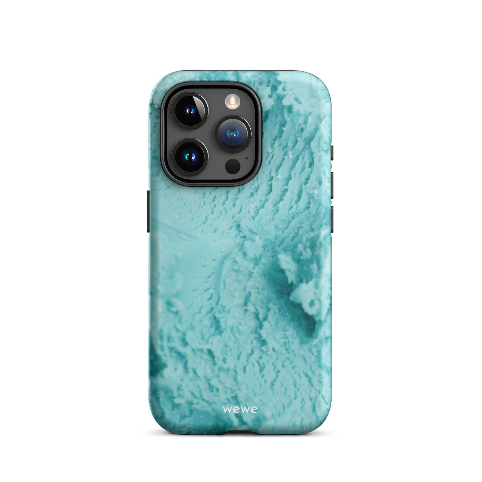 Custom iPhone case 15 pro with a  close-up, macro photo of a mint green, frothy texture, resembling ice cream or foam.