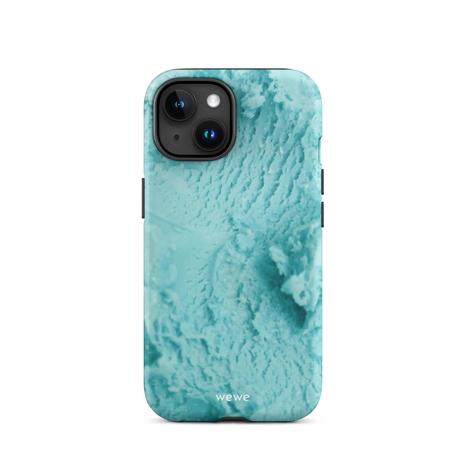 Custom iPhone case 15 with a  close-up, macro photo of a mint green, frothy texture, resembling ice cream or foam.