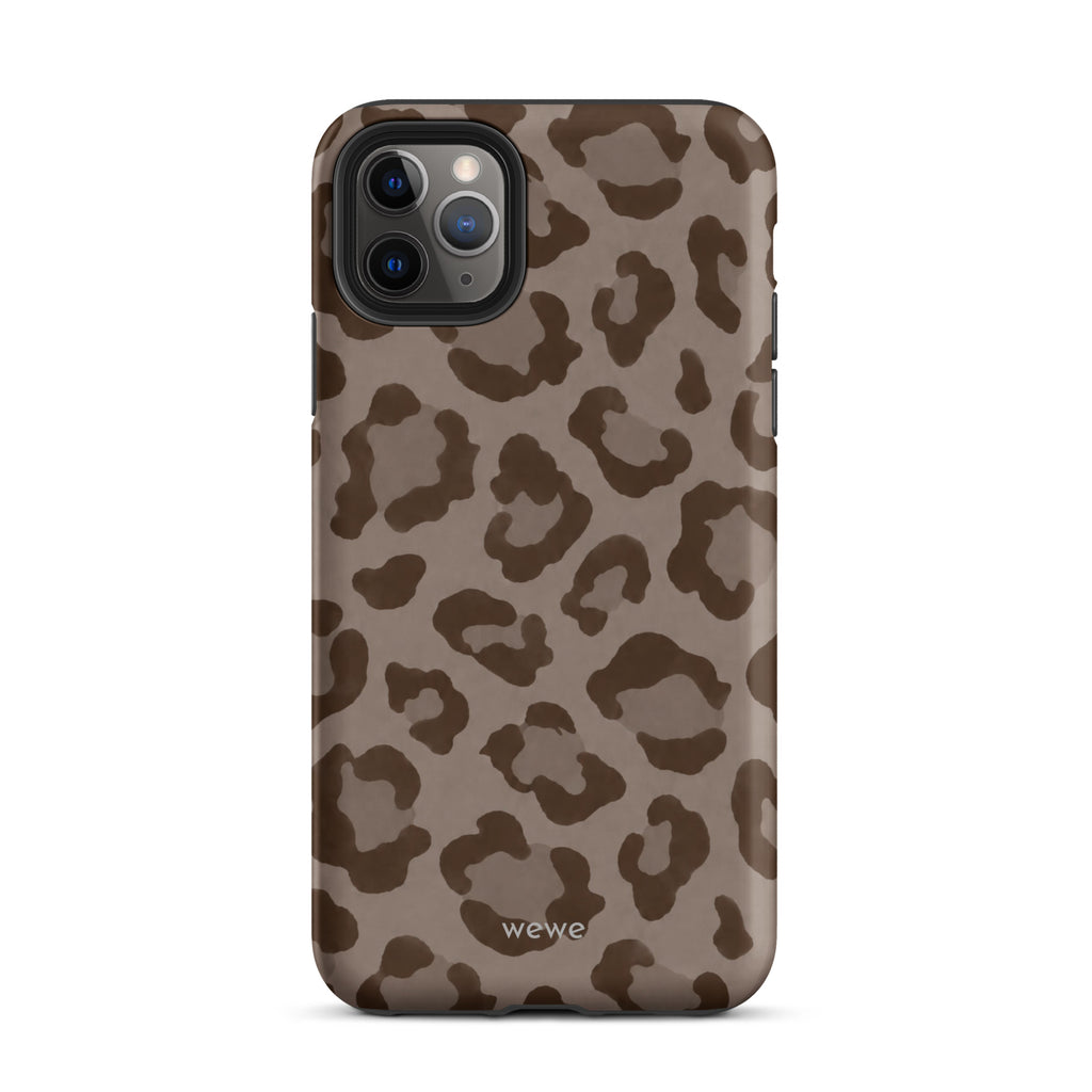 Warm taupe iPhone case with oversized mocha-brown tonal leopard spots