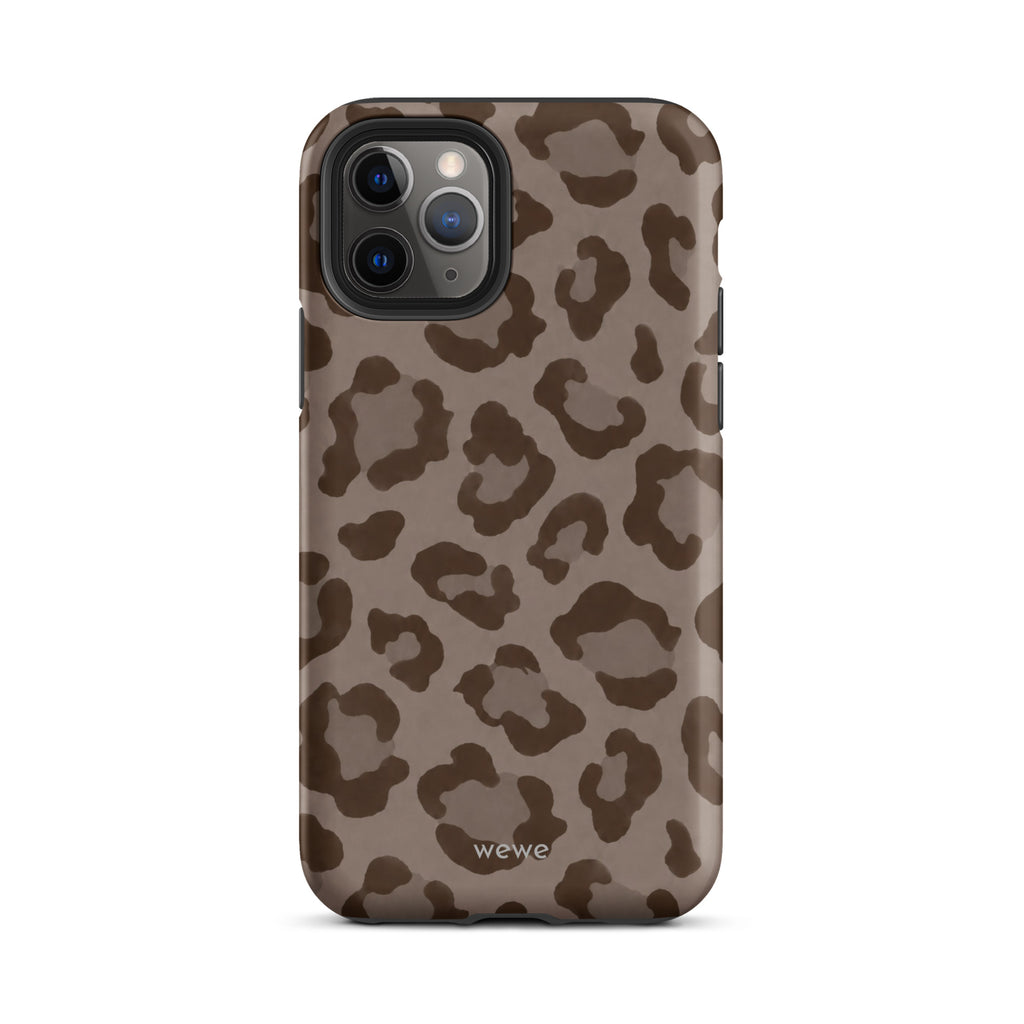 Warm taupe iPhone case with oversized mocha-brown tonal leopard spots