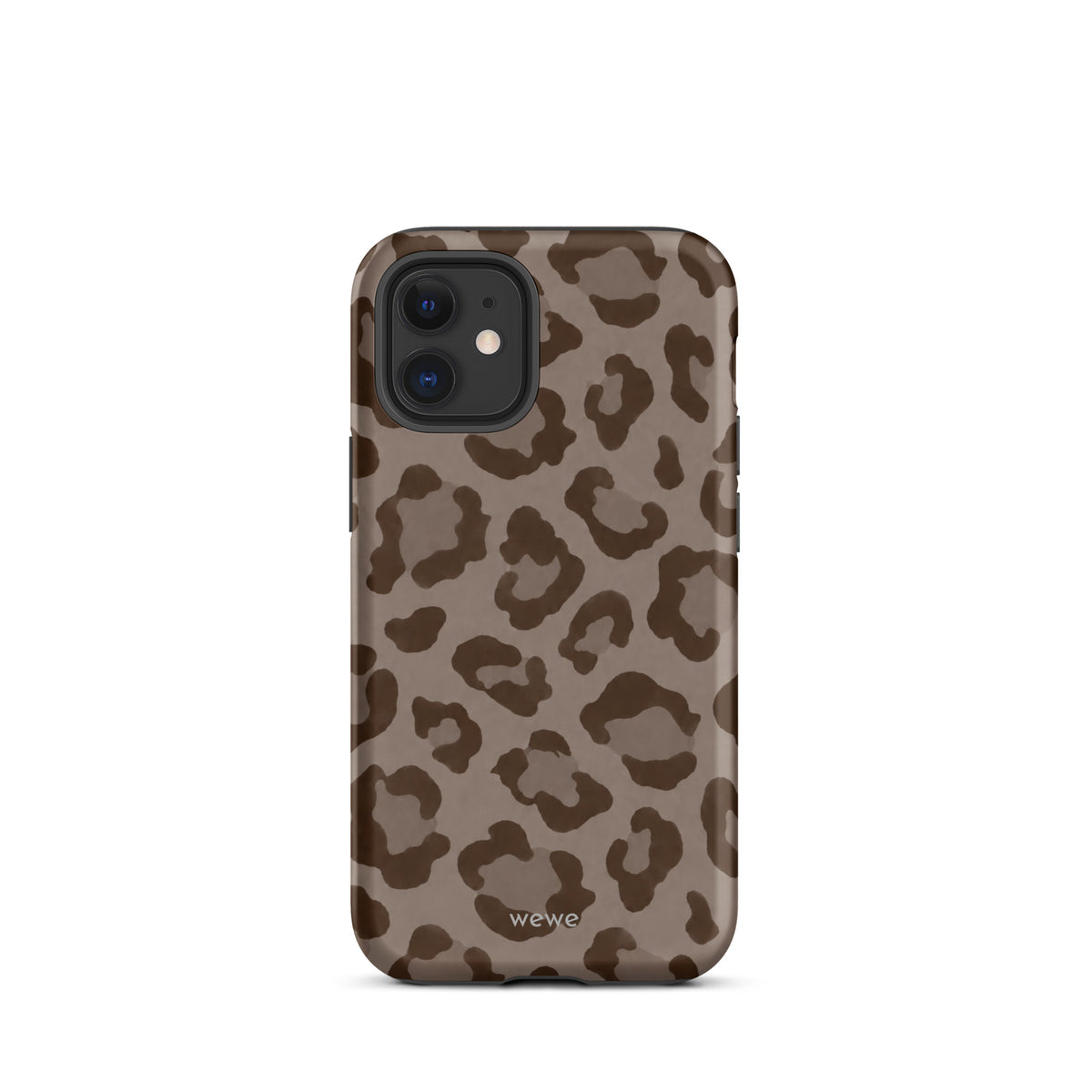 Warm taupe iPhone case with oversized mocha-brown tonal leopard spots
