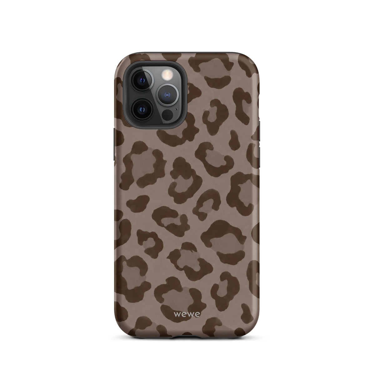 Warm taupe iPhone case with oversized mocha-brown tonal leopard spots