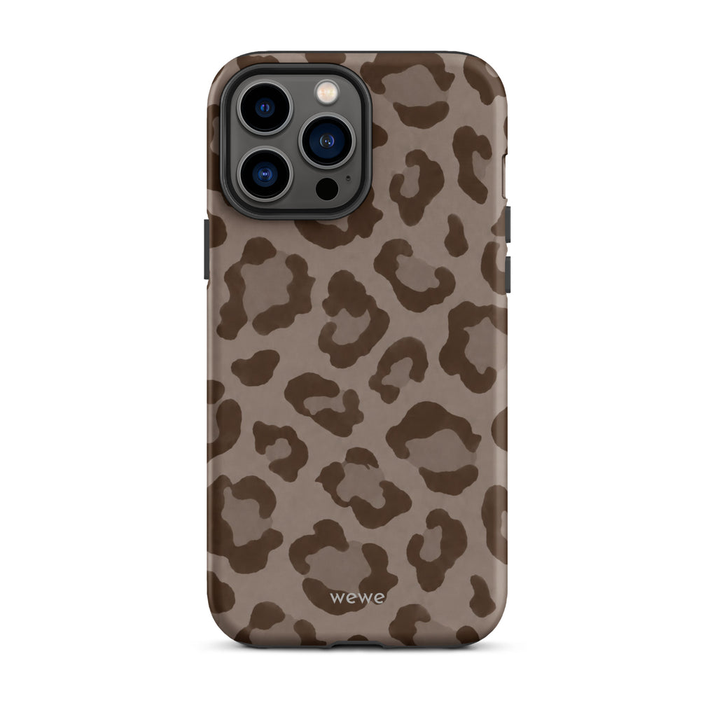 Warm taupe iPhone case with oversized mocha-brown tonal leopard spots