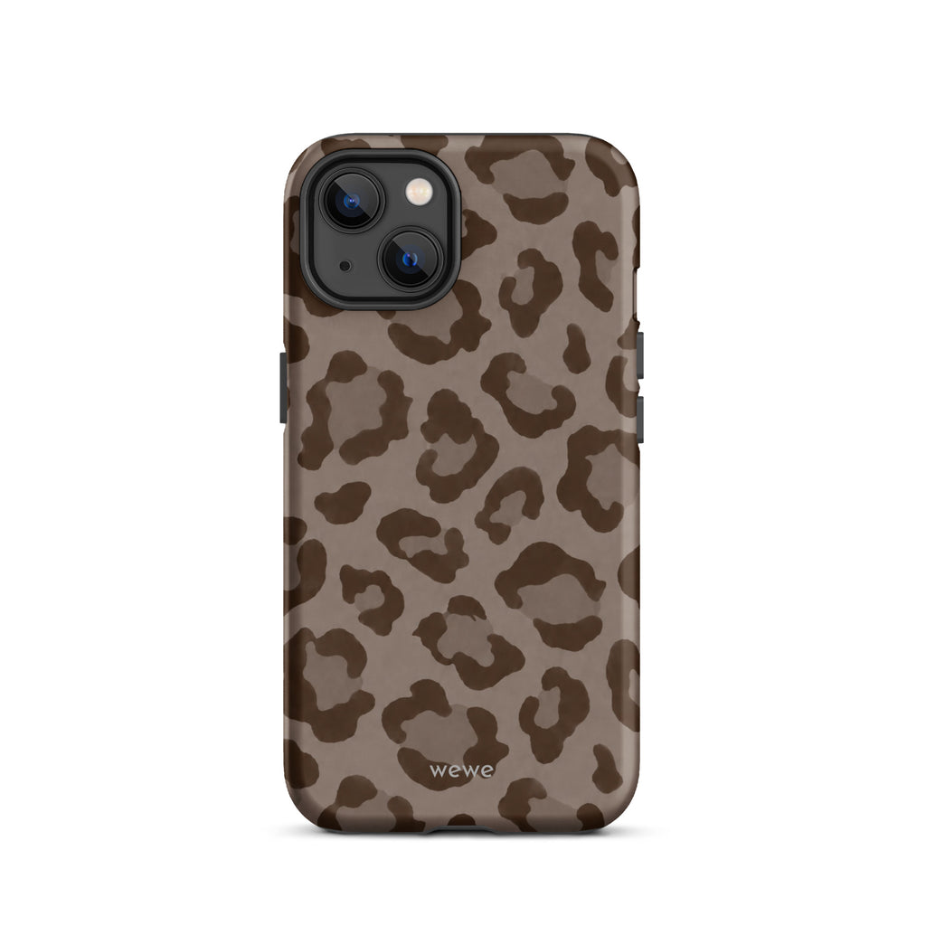 Warm taupe iPhone case with oversized mocha-brown tonal leopard spots