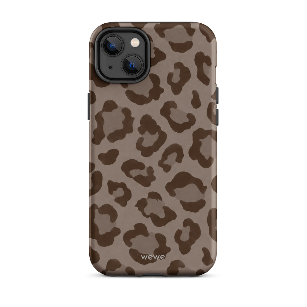 Warm taupe iPhone case with oversized mocha-brown tonal leopard spots