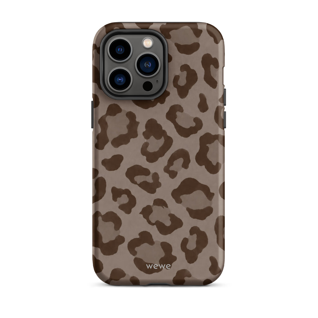 Warm taupe iPhone case with oversized mocha-brown tonal leopard spots