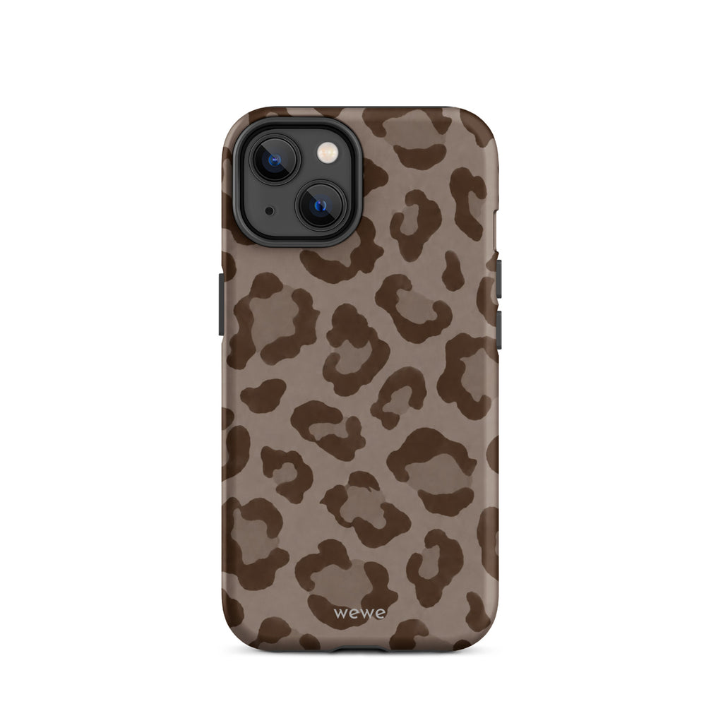 Warm taupe iPhone case with oversized mocha-brown tonal leopard spots