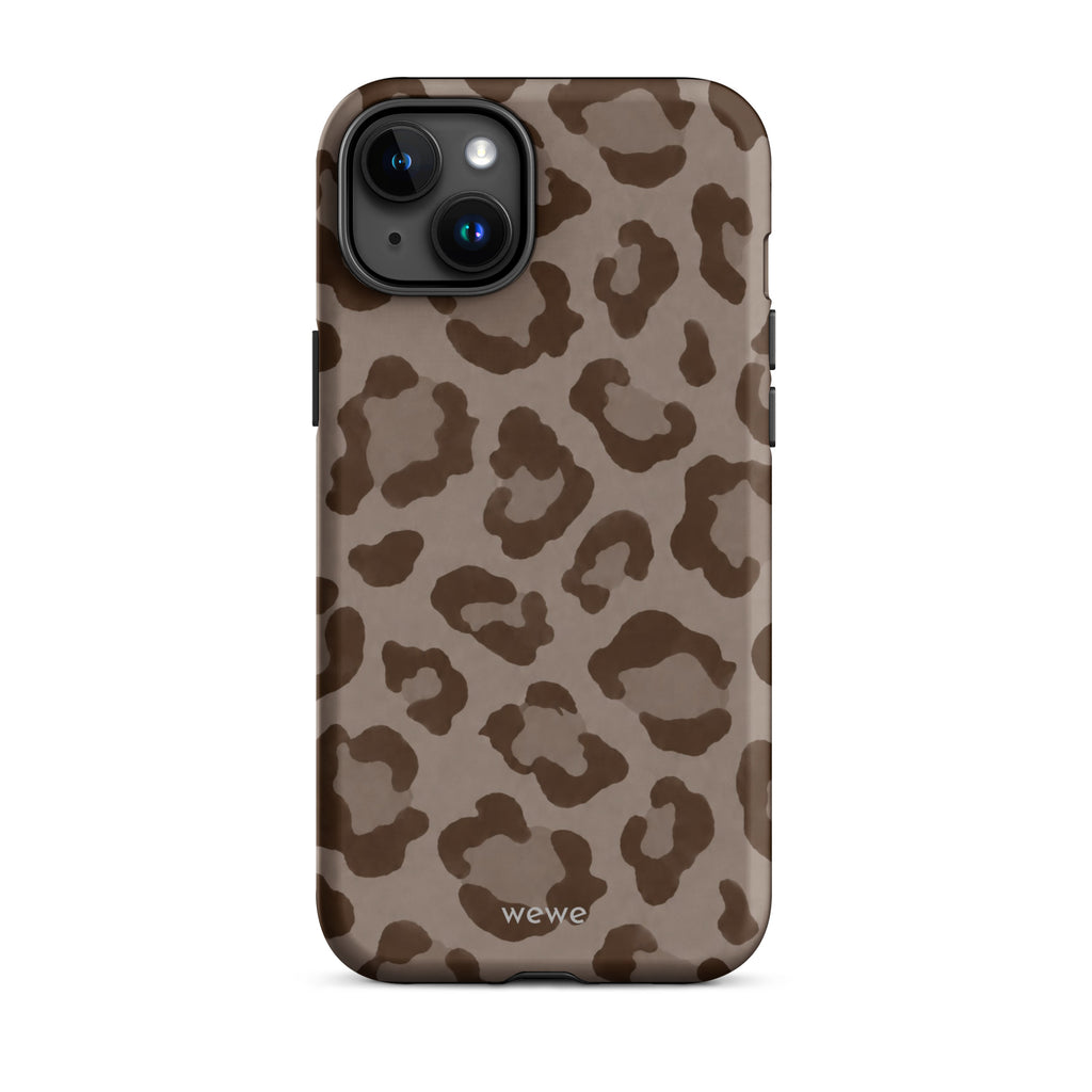 Warm taupe iPhone case with oversized mocha-brown tonal leopard spots