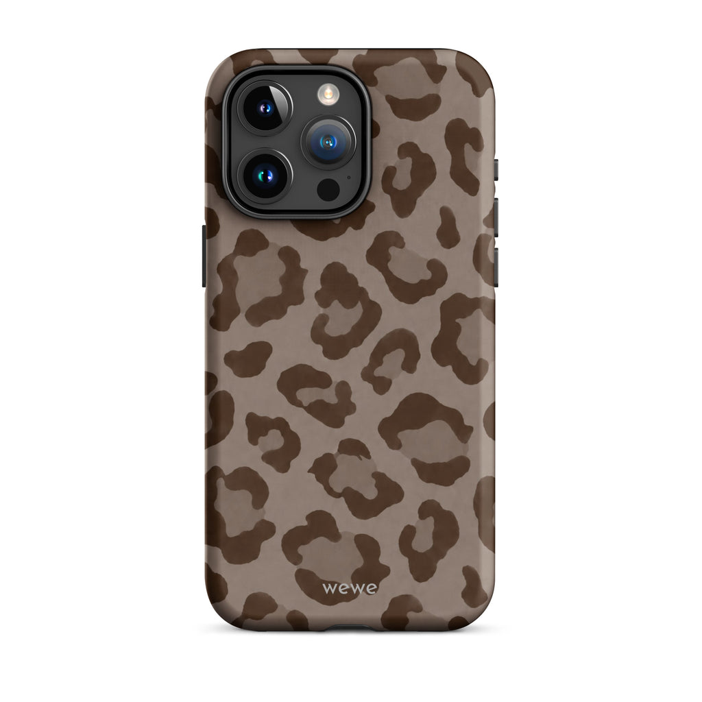 Warm taupe iPhone case with oversized mocha-brown tonal leopard spots