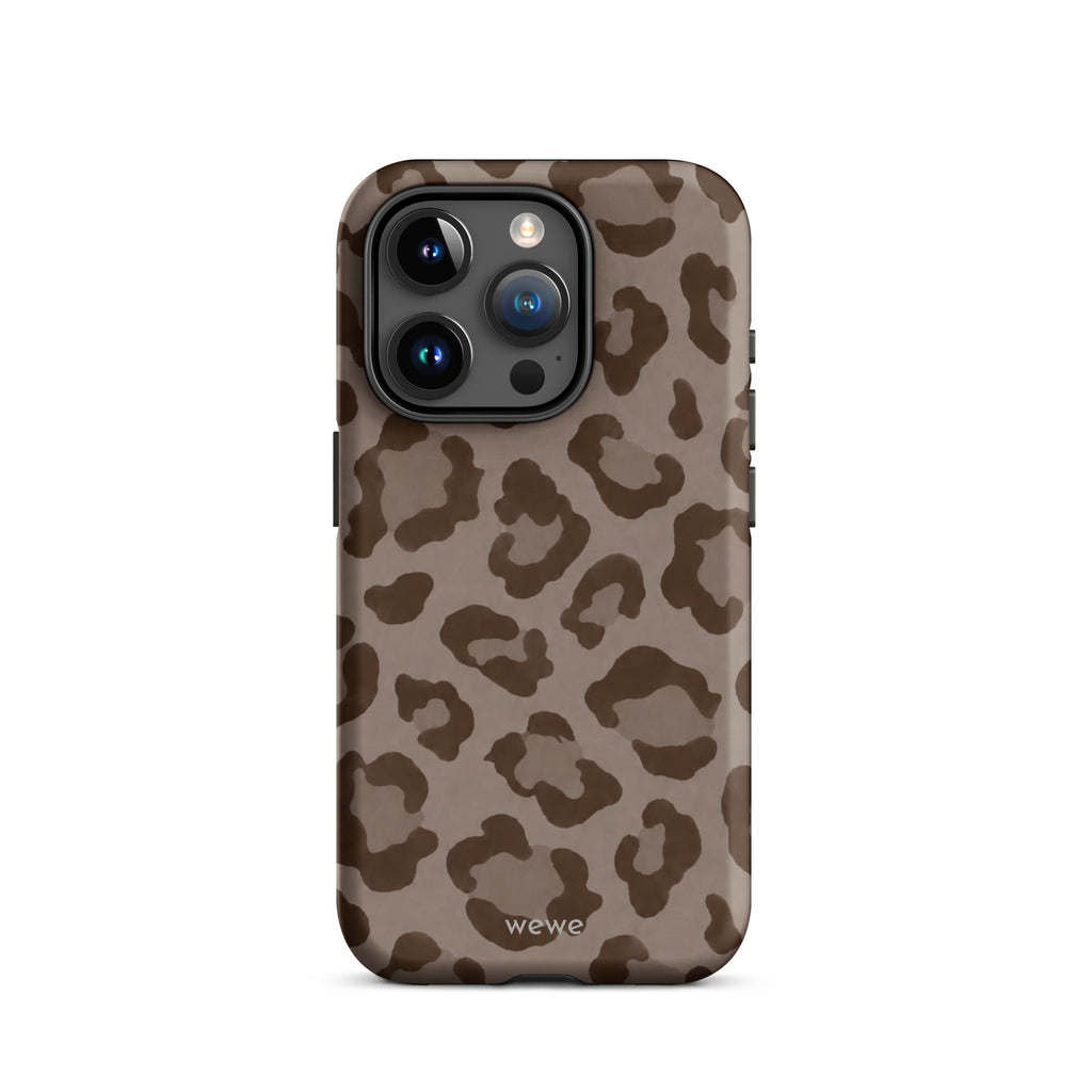 Warm taupe iPhone case with oversized mocha-brown tonal leopard spots
