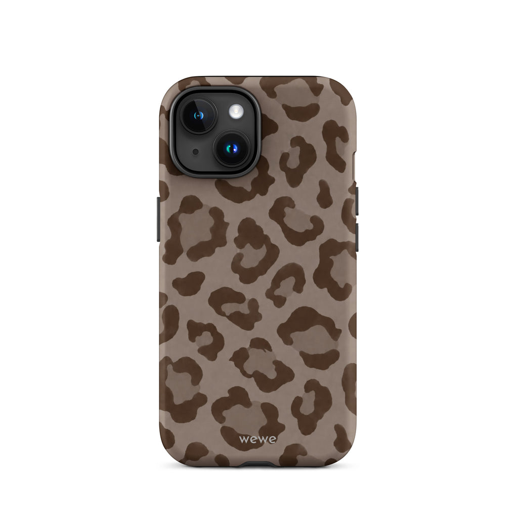 Warm taupe iPhone case with oversized mocha-brown tonal leopard spots