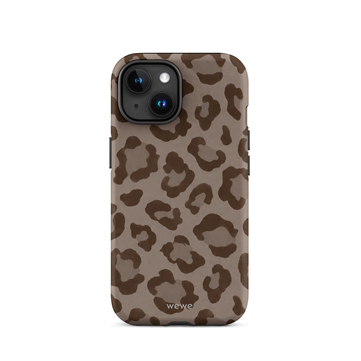 Warm taupe iPhone case with oversized mocha-brown tonal leopard spots