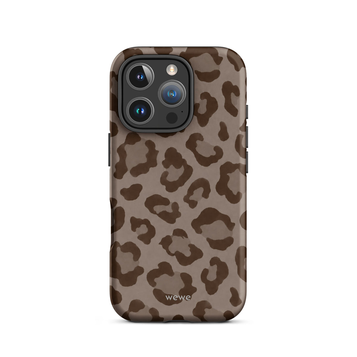Warm taupe iPhone case with oversized mocha-brown tonal leopard spots