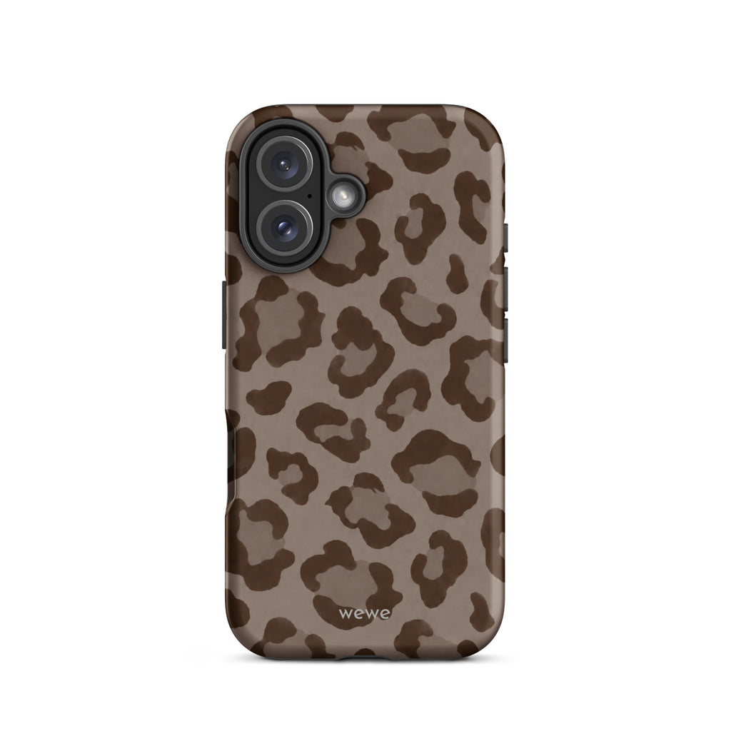 Warm taupe iPhone case with oversized mocha-brown tonal leopard spots