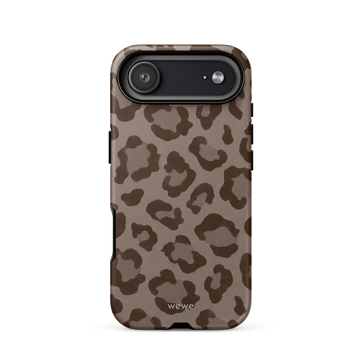 Warm taupe iPhone case with oversized mocha-brown tonal leopard spots