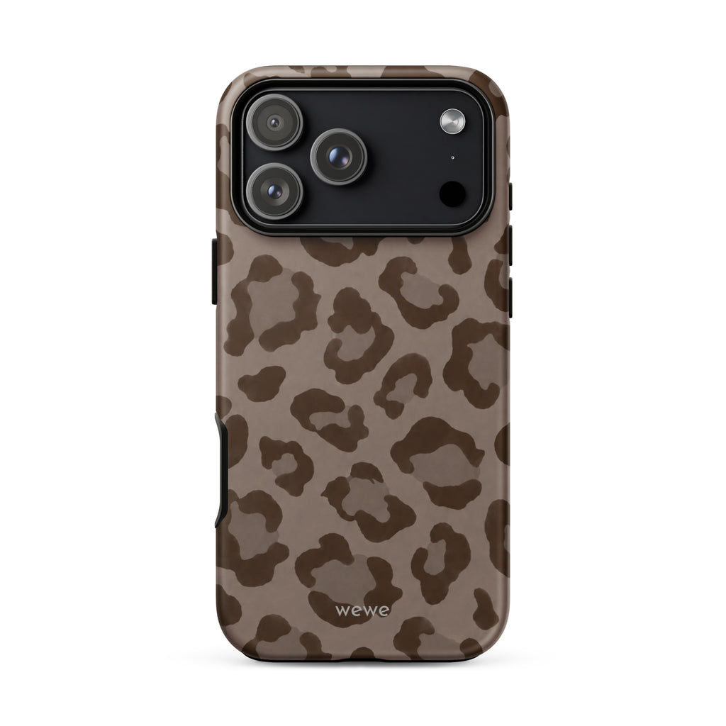 Warm taupe iPhone case with oversized mocha-brown tonal leopard spots