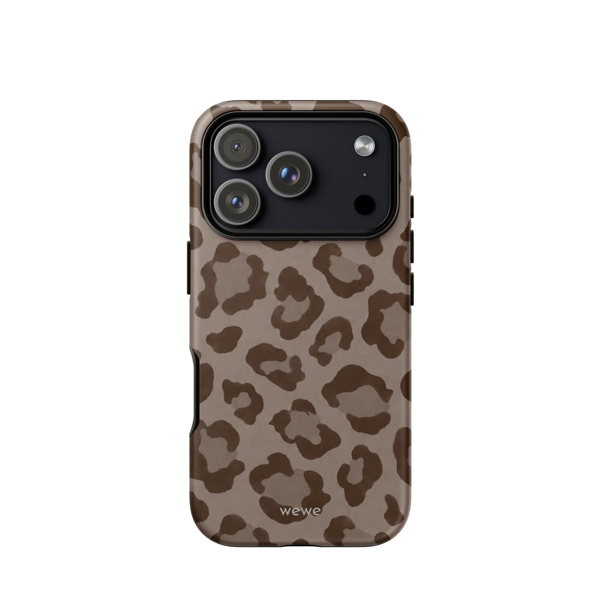 Warm taupe iPhone case with oversized mocha-brown tonal leopard spots