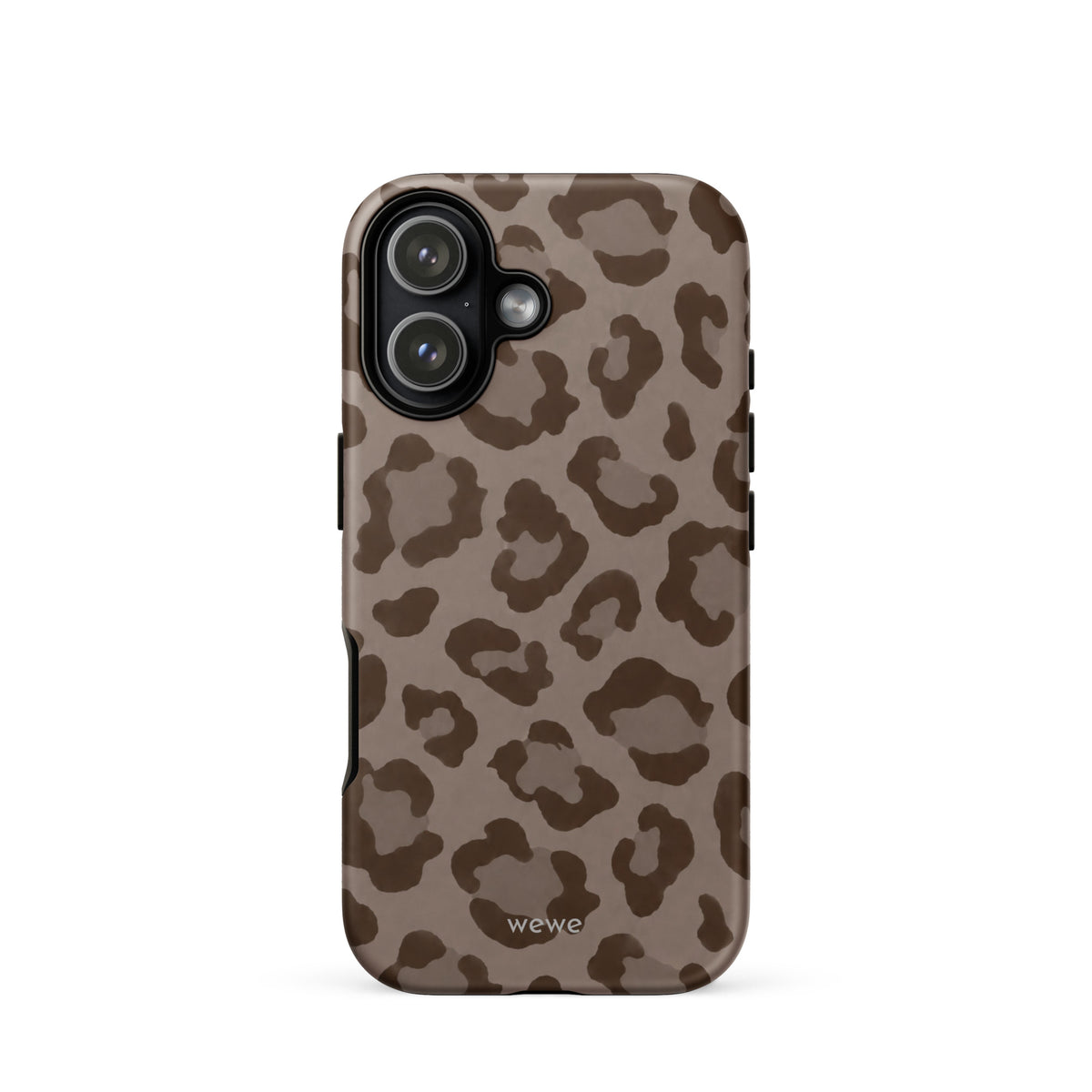 Warm taupe iPhone case with oversized mocha-brown tonal leopard spots