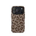 Warm taupe iPhone case with oversized mocha-brown tonal leopard spots