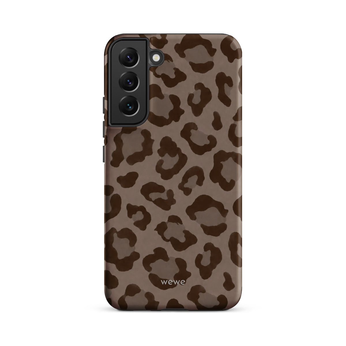 Warm taupe iPhone case with oversized mocha-brown tonal leopard spots