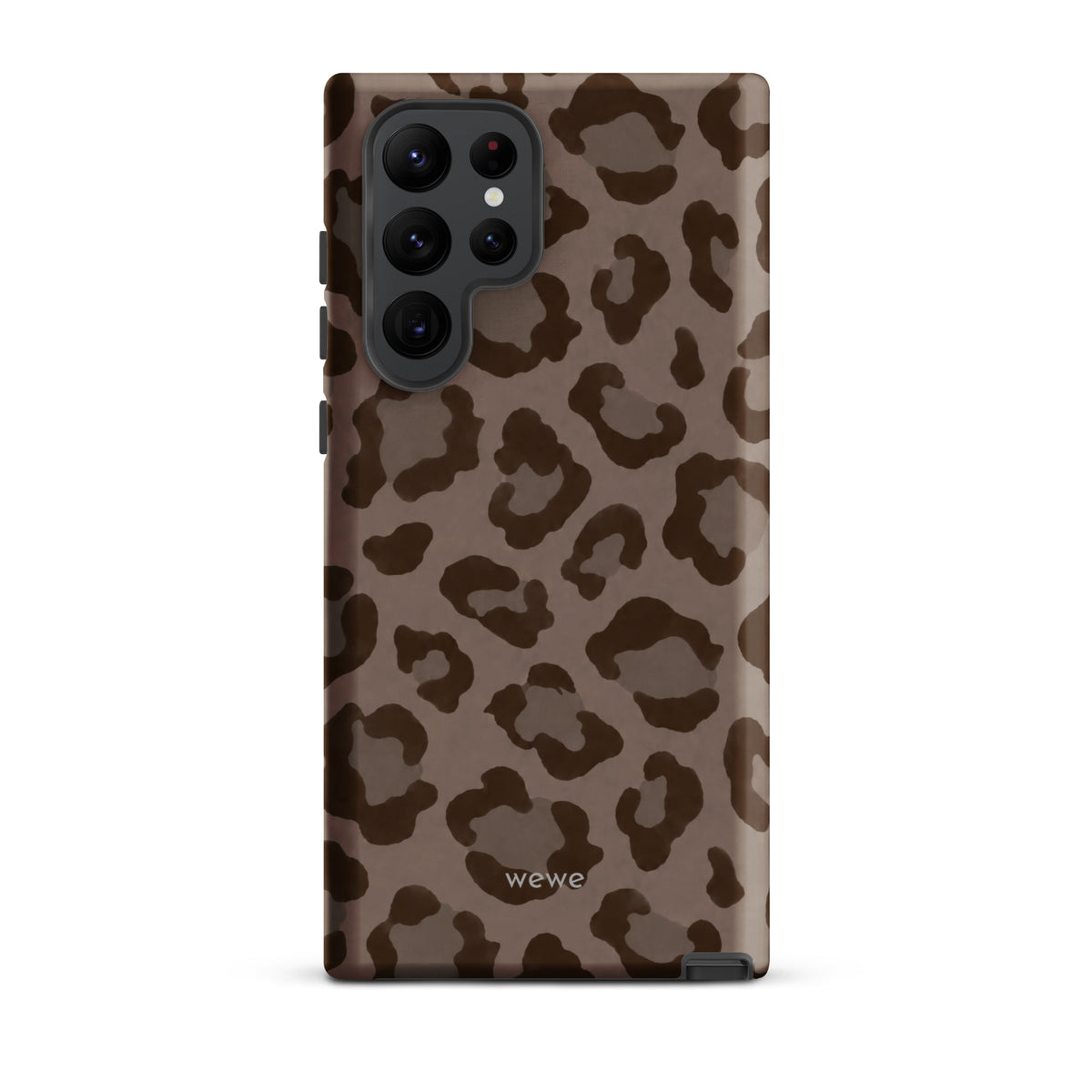 Warm taupe iPhone case with oversized mocha-brown tonal leopard spots