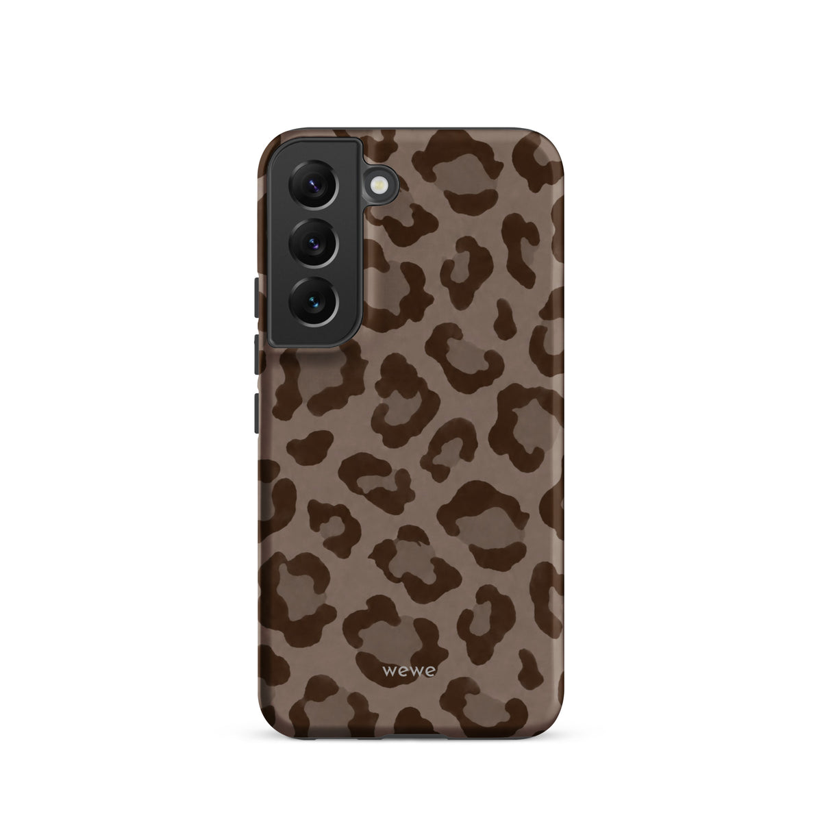 Warm taupe iPhone case with oversized mocha-brown tonal leopard spots