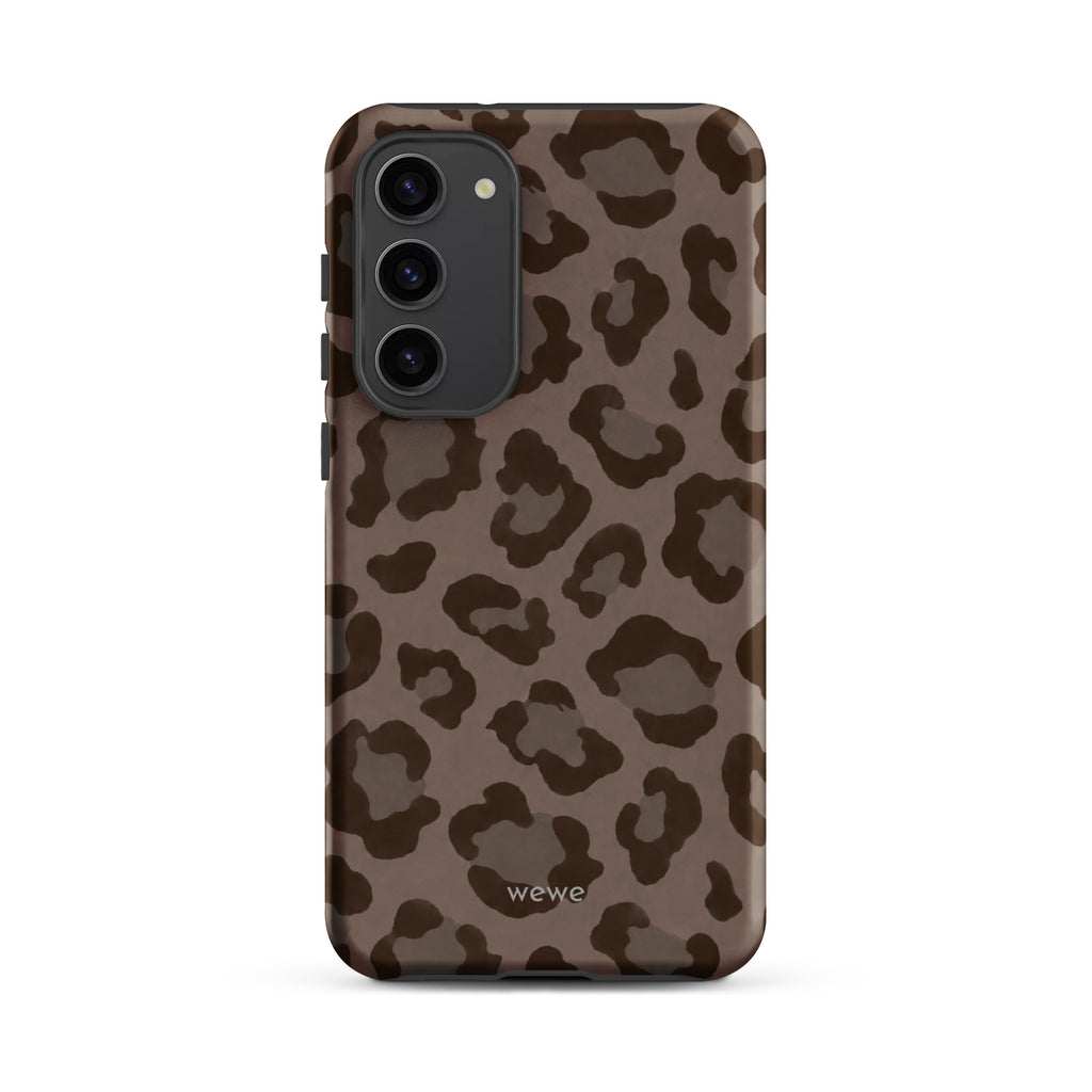 Warm taupe iPhone case with oversized mocha-brown tonal leopard spots