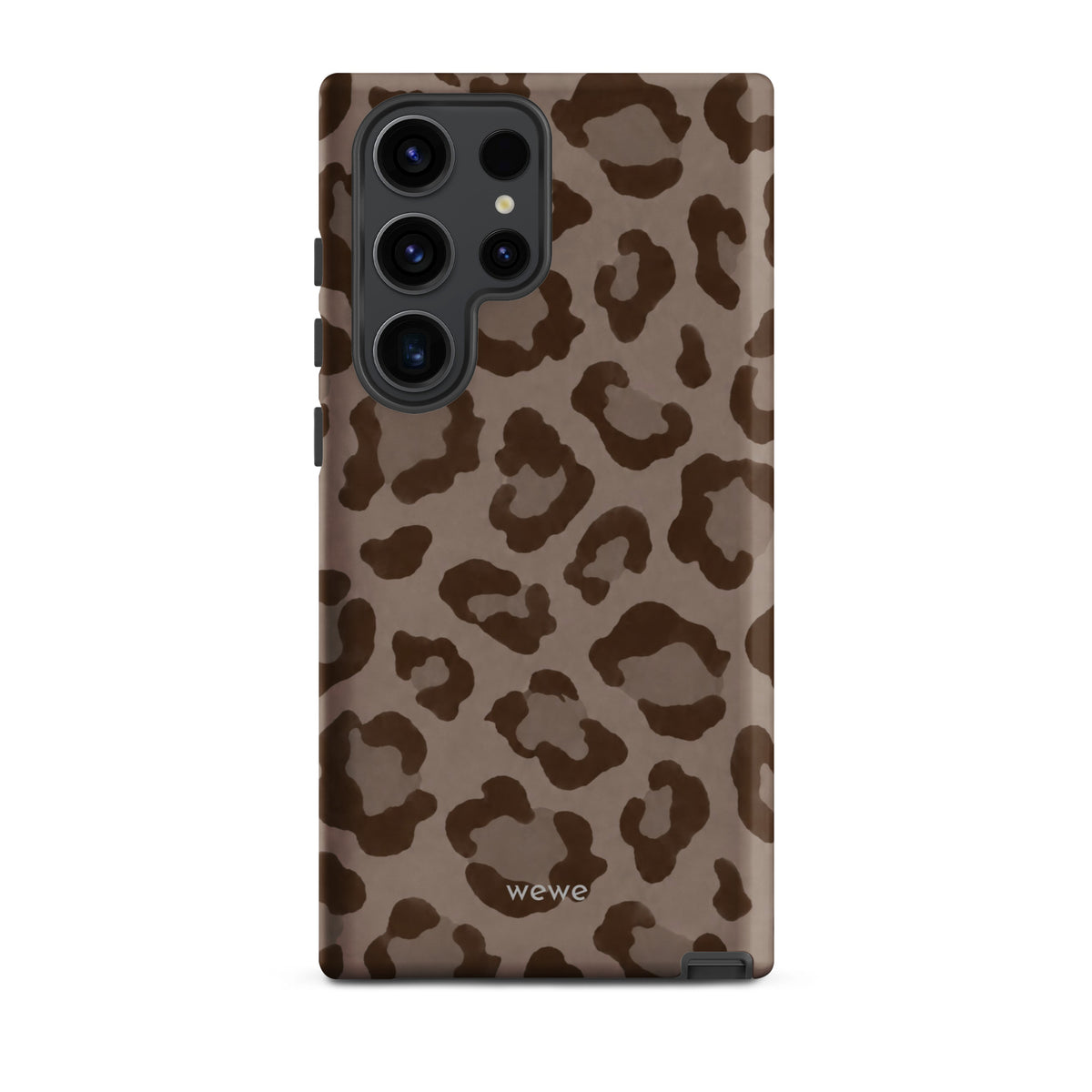 Warm taupe iPhone case with oversized mocha-brown tonal leopard spots