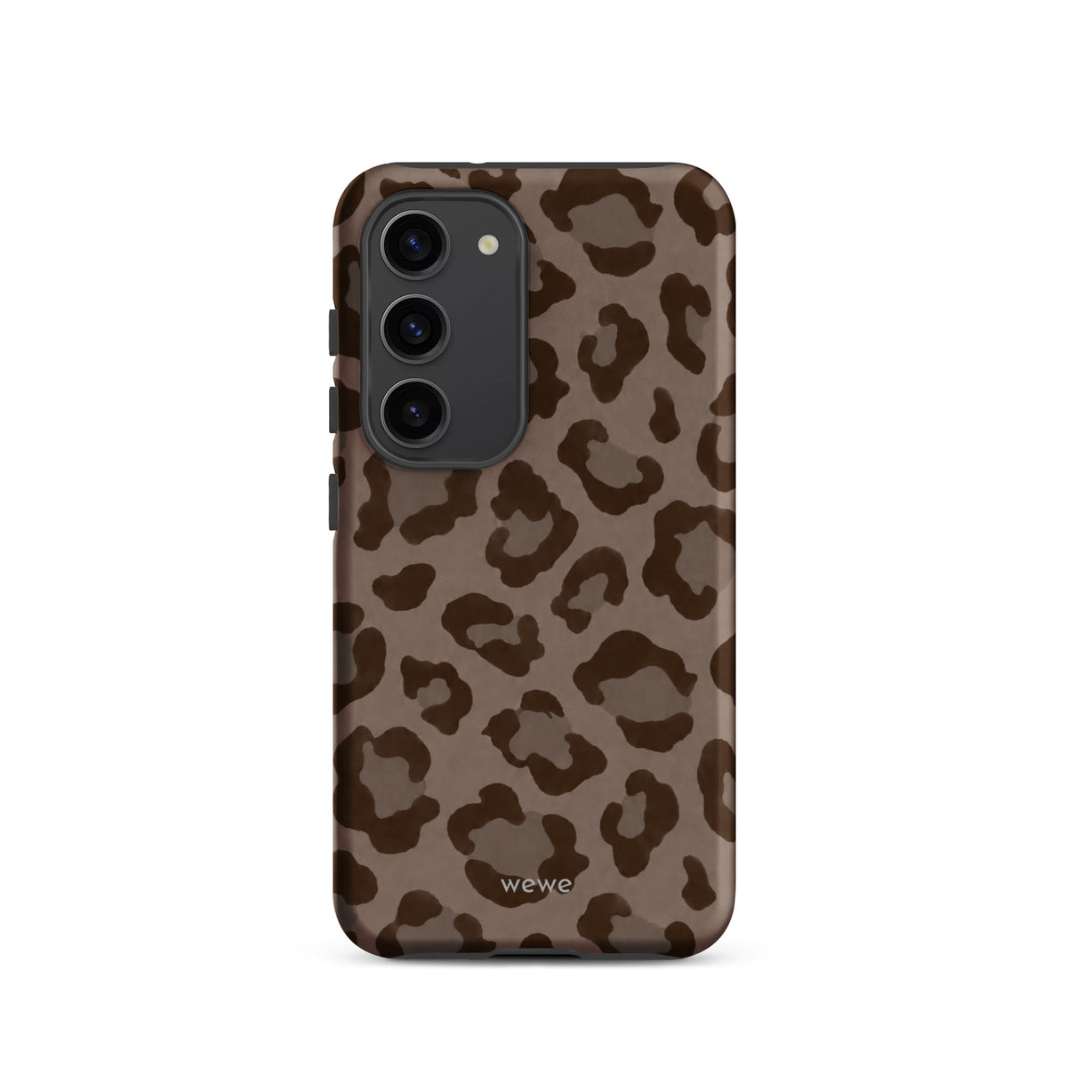 Warm taupe iPhone case with oversized mocha-brown tonal leopard spots