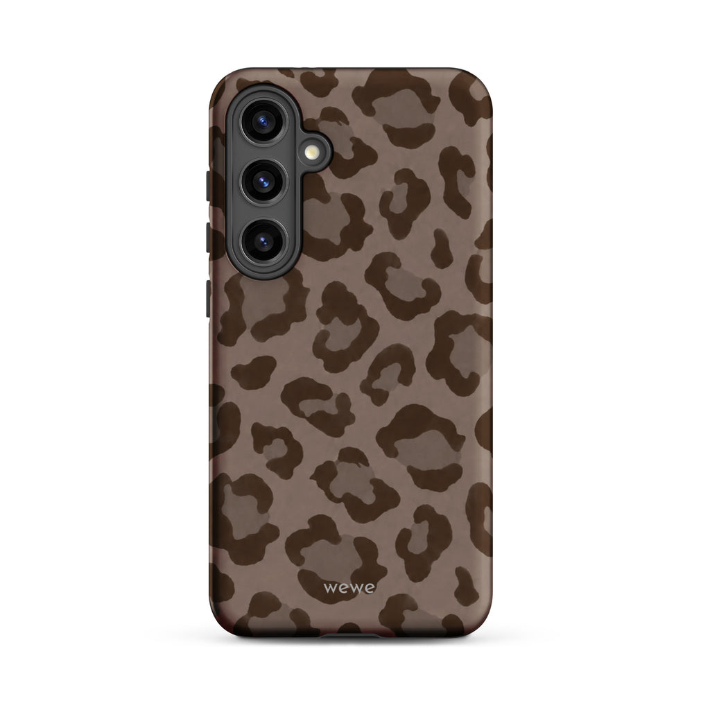 Warm taupe iPhone case with oversized mocha-brown tonal leopard spots