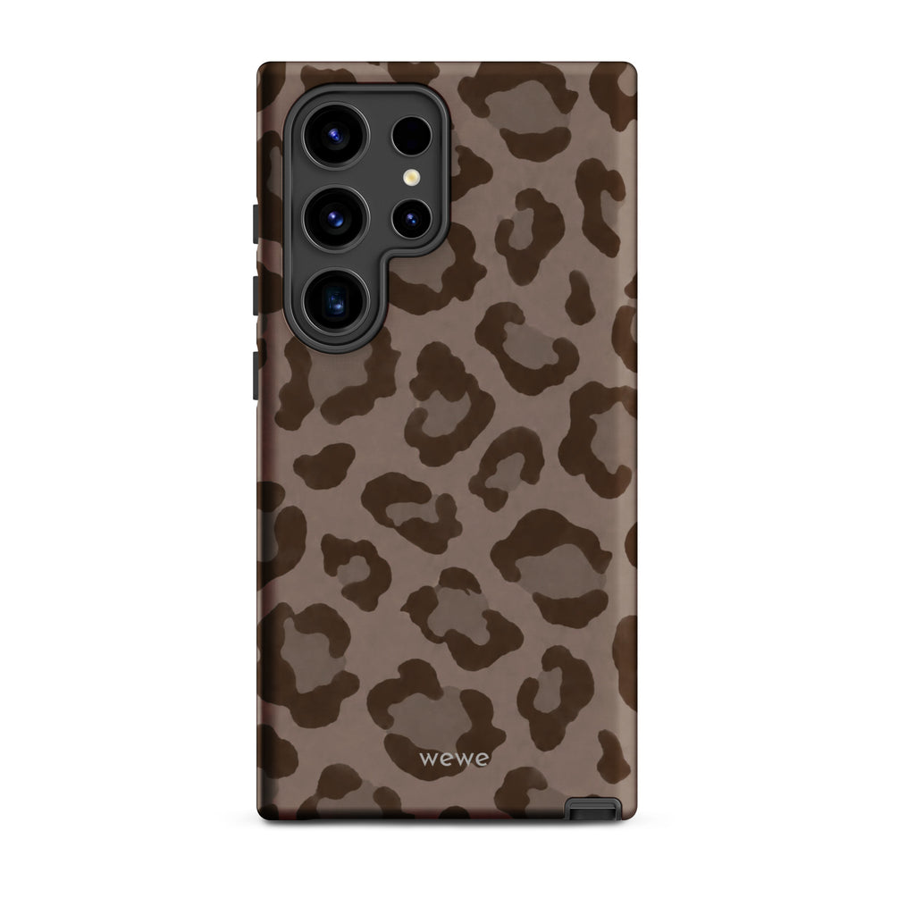Warm taupe iPhone case with oversized mocha-brown tonal leopard spots