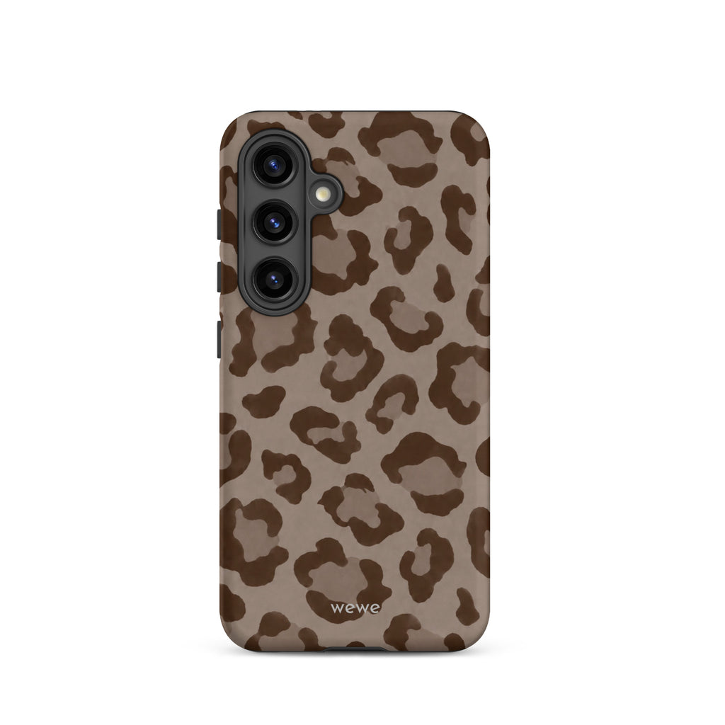 Warm taupe iPhone case with oversized mocha-brown tonal leopard spots