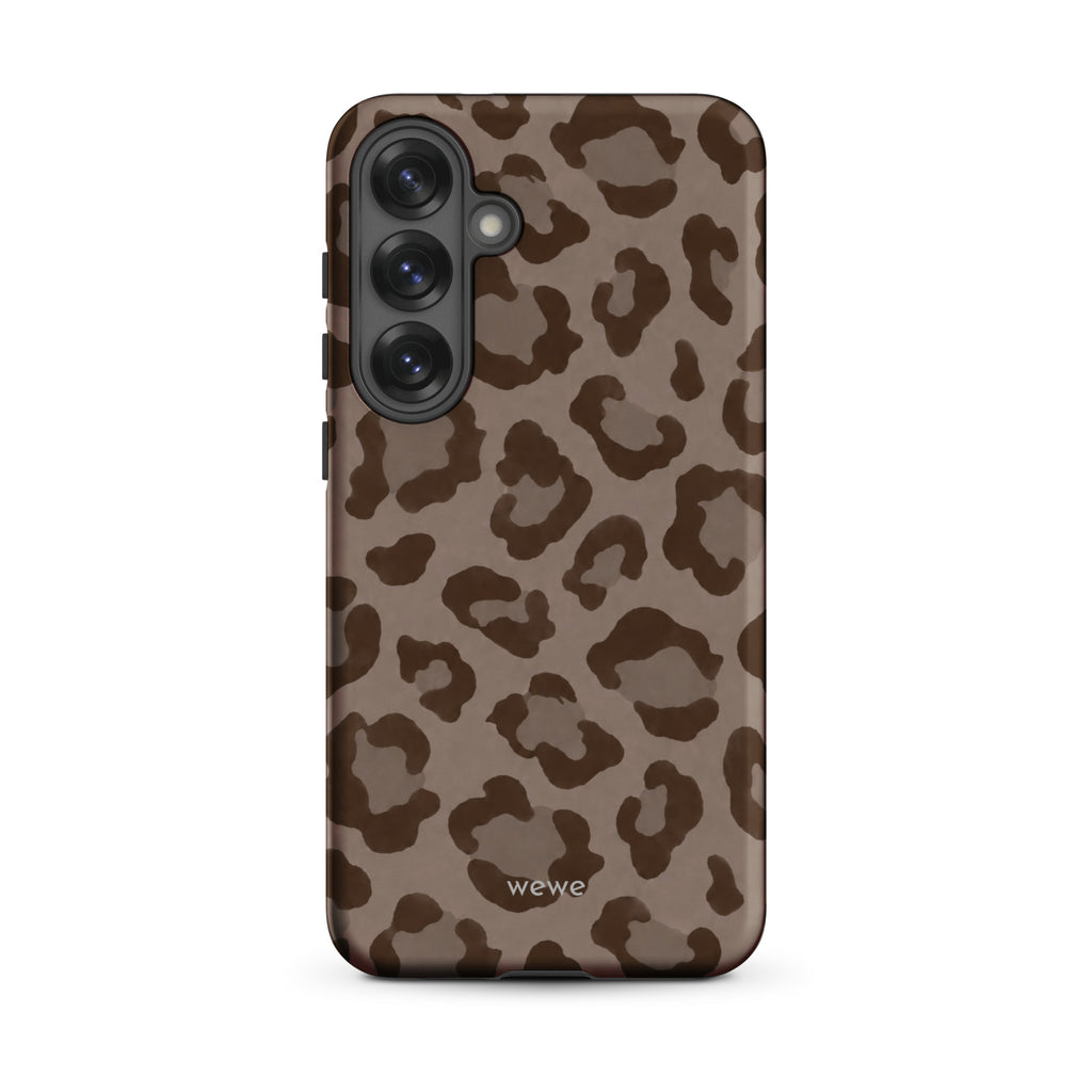Warm taupe iPhone case with oversized mocha-brown tonal leopard spots