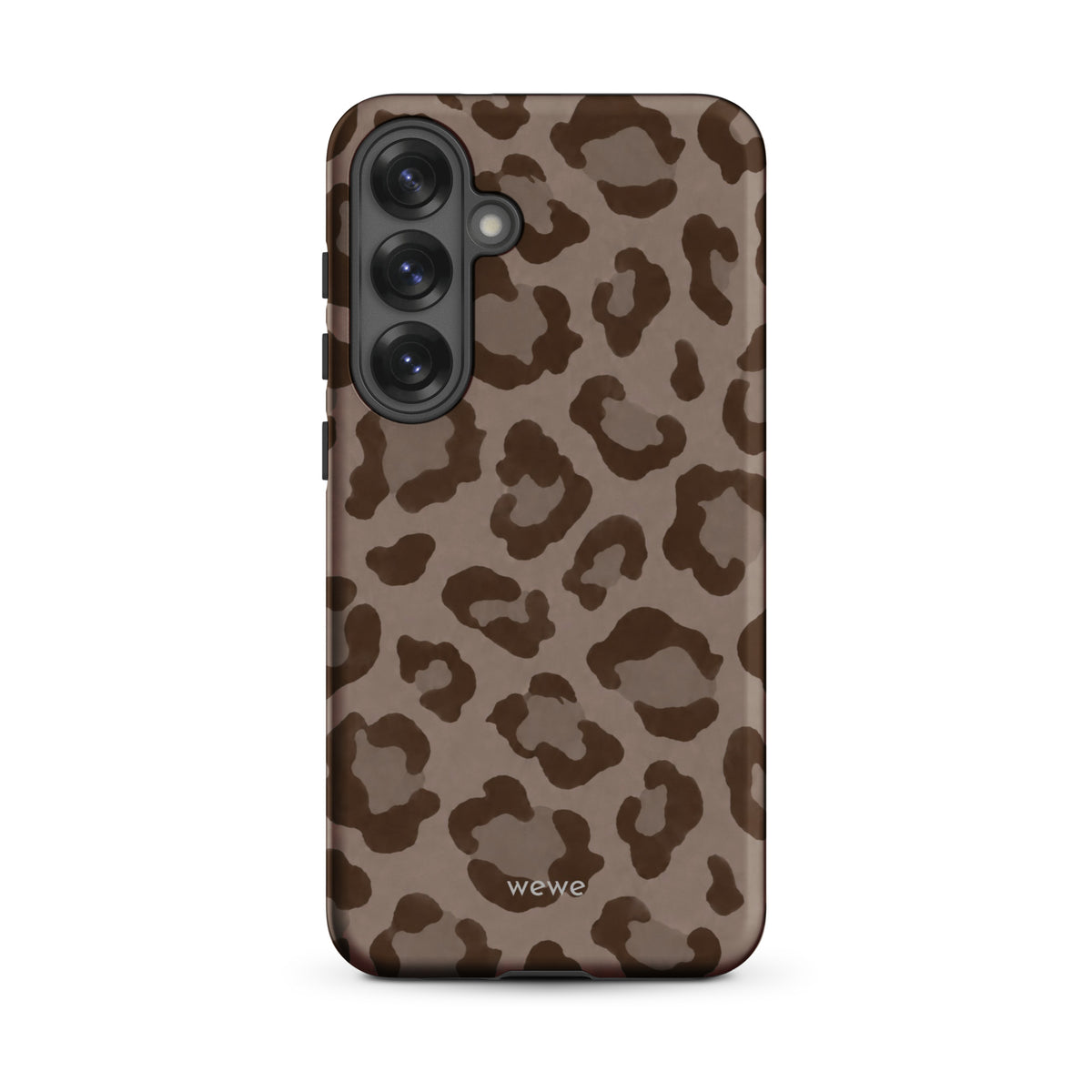 Warm taupe iPhone case with oversized mocha-brown tonal leopard spots