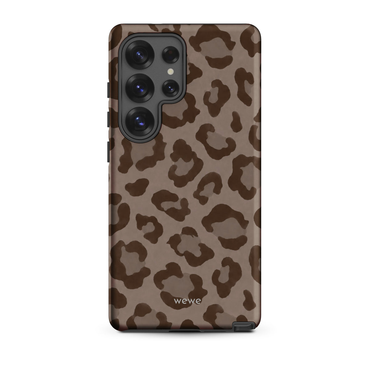 Warm taupe iPhone case with oversized mocha-brown tonal leopard spots