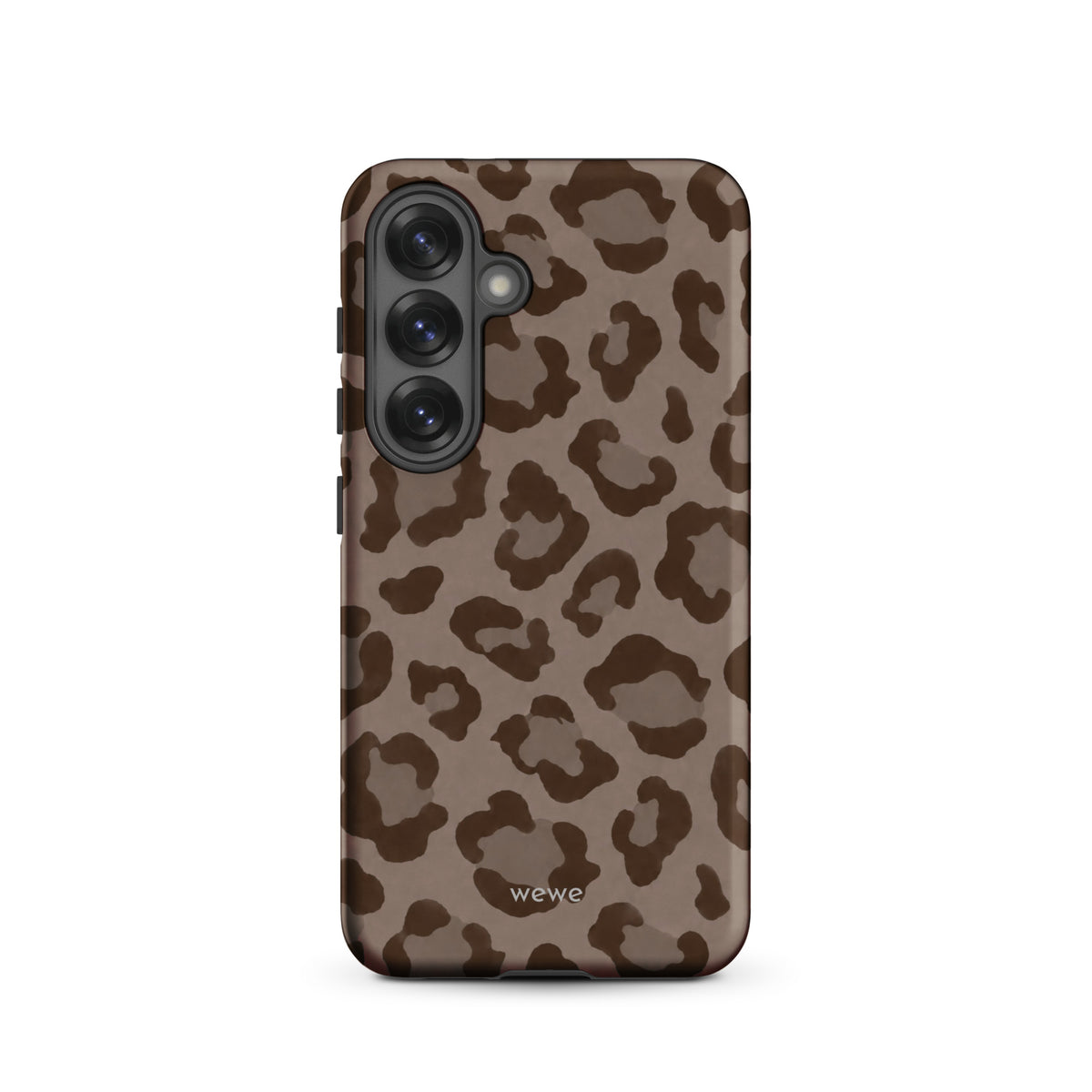 Warm taupe iPhone case with oversized mocha-brown tonal leopard spots